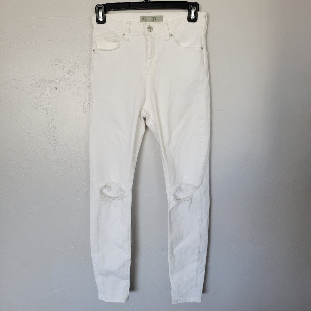 Topshop Moto Jamie White Denim Skinny Jeans Holey Knees 28" W 30" L 28x30